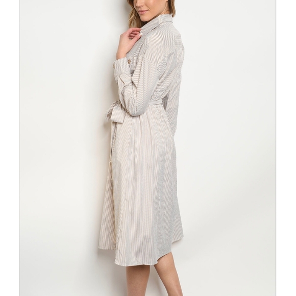 LAST ONE❗ESSUE Taupe Pinstripes Long Midi Shirt Dress - Picture 3 of 7